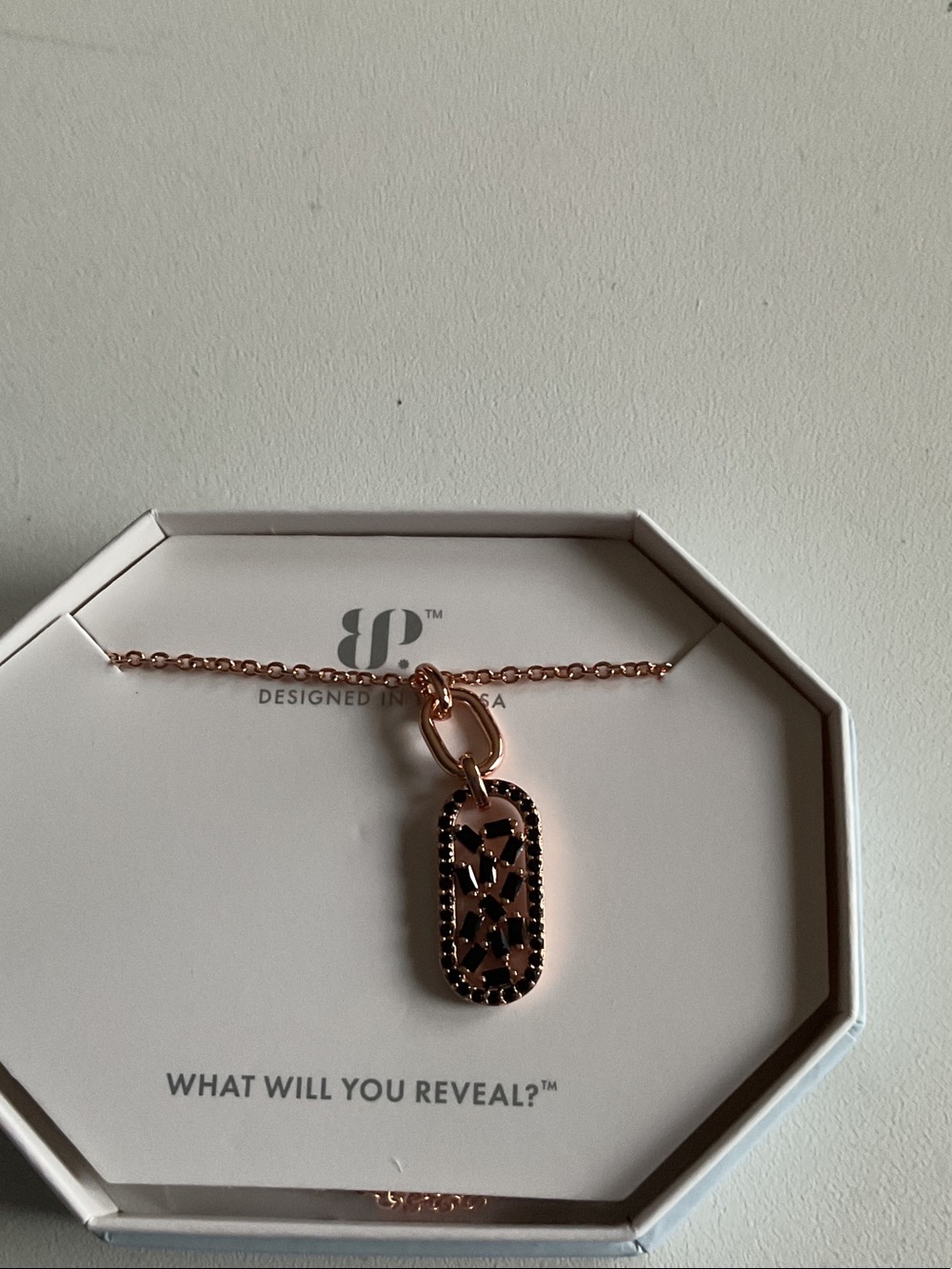 bp Rose Gold Pendant Necklace with Black Crystal Accents